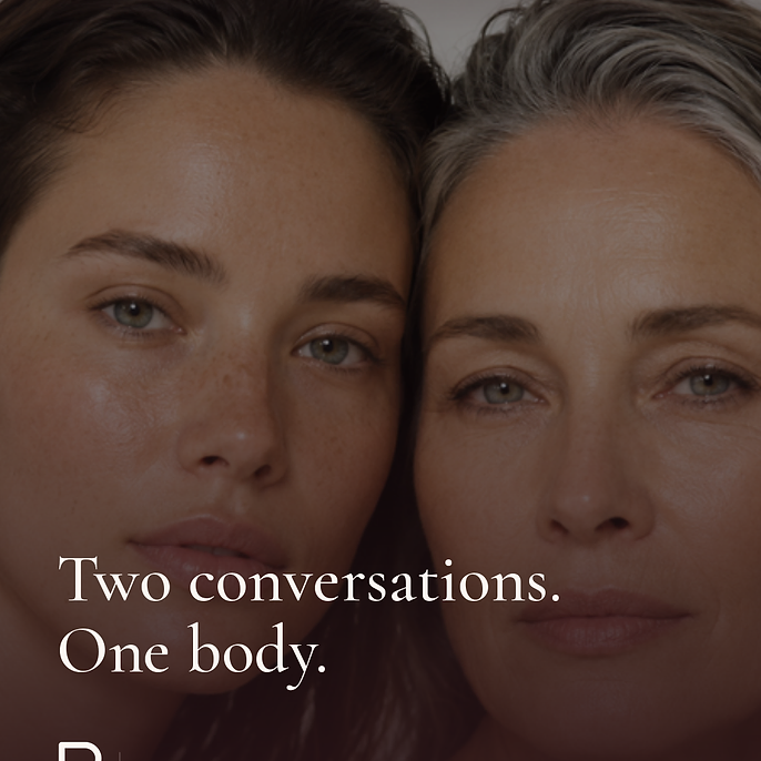 Close-up of two women, one dark-haired and one gray-haired, pressed cheek to cheek and looking at the camera