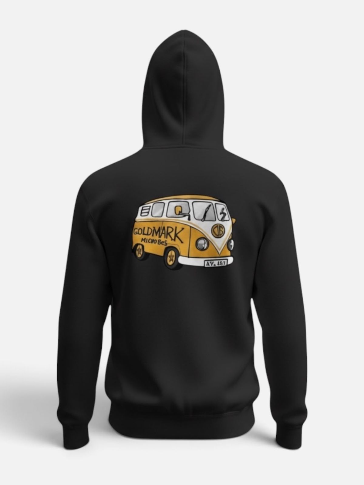 Black Goldmark Microbus hoodie, back view, printed with the illustrated gold VW camper van pump-clip artwork.
