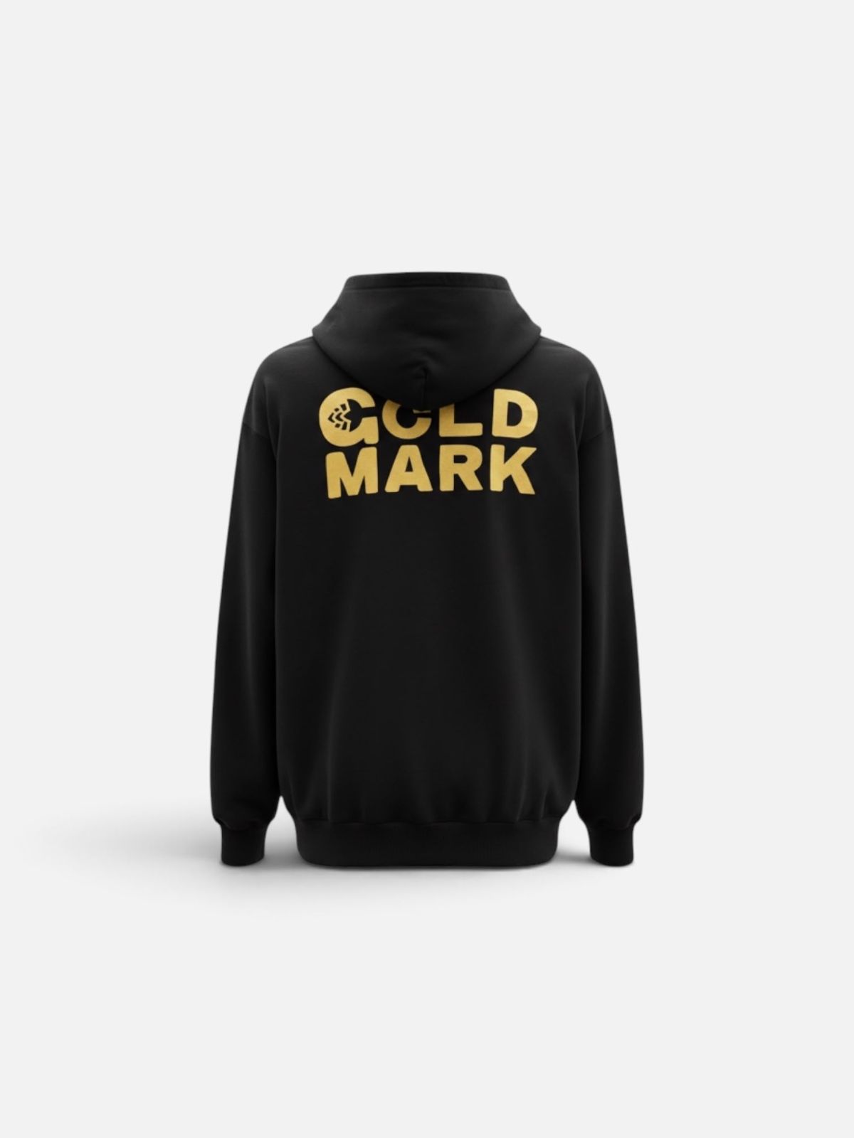 Black Goldmark logo hoodie, back view, with the stacked 'Goldmark' wordmark and hop-cone mark printed in gold across the shoulders.