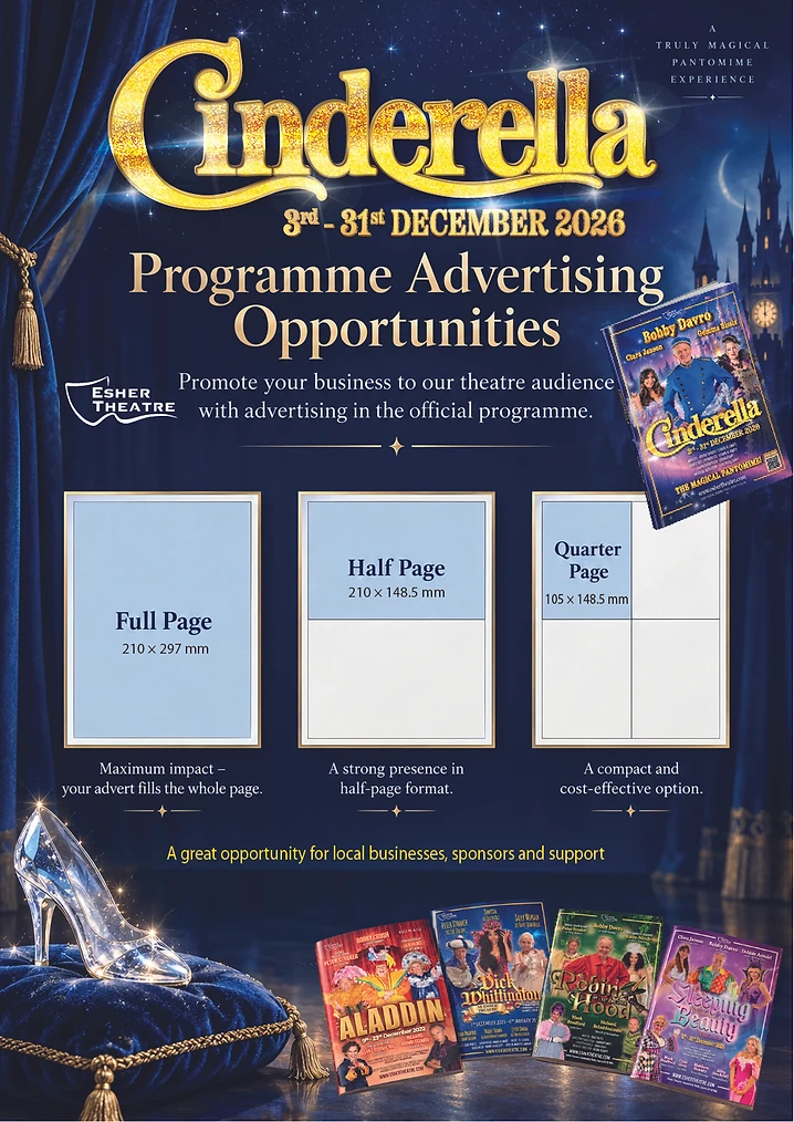 Programme advertising opportunities in the Esher Theatre pantomime programme