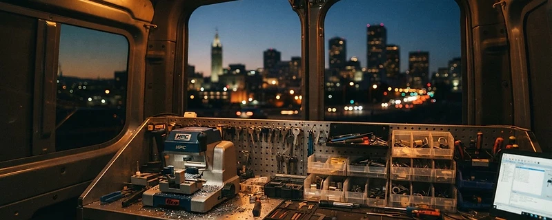 Ironline service van equipped with locksmith tools parked in Auckland at dusk