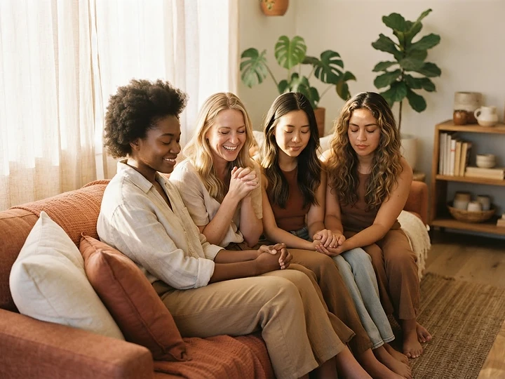 Women praying together in a sunlit living room