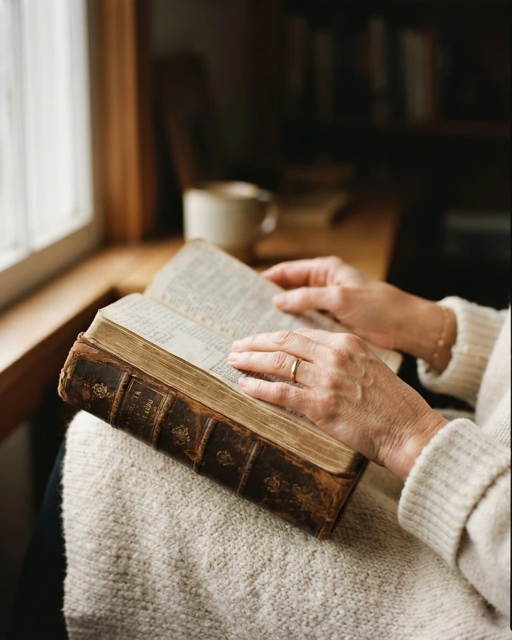 A woman's hands resting on a worn open Bible in soft window light