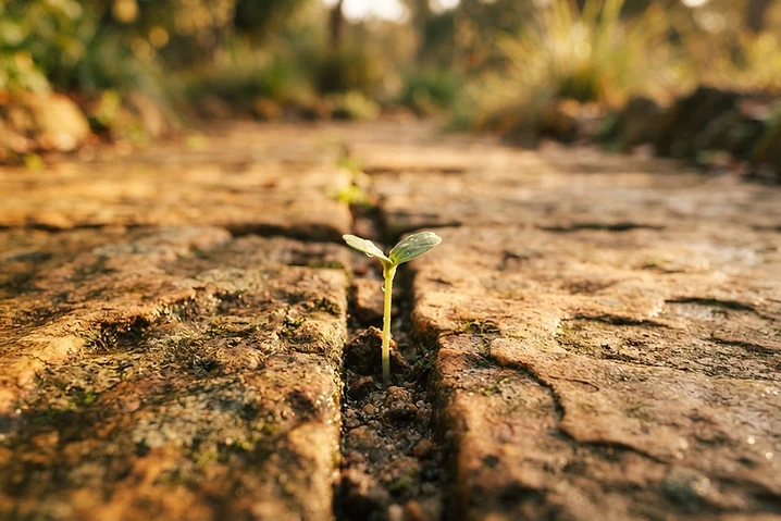 A sprout pushing through a crack in warm stone
