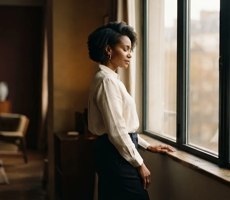 A woman standing in quiet reflection near a window in warm morning light