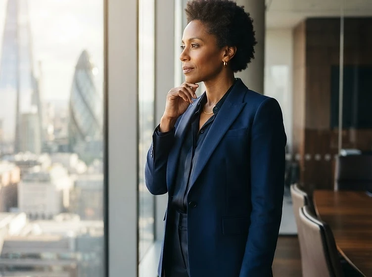 A woman executive in a sunlit boardroom in a moment of focused reflection