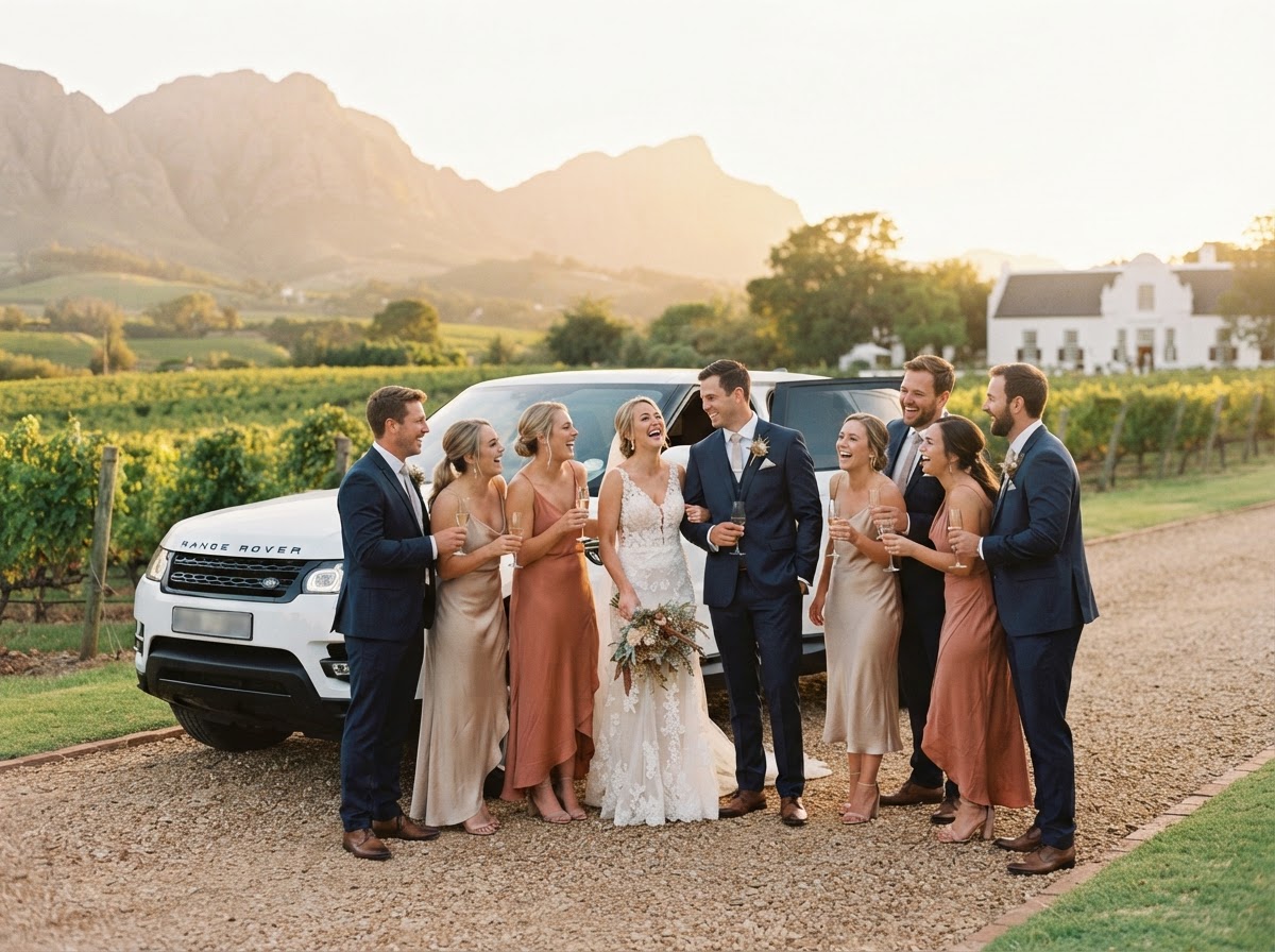 Wedding party near a luxury SUV at a Cape Winelands estate