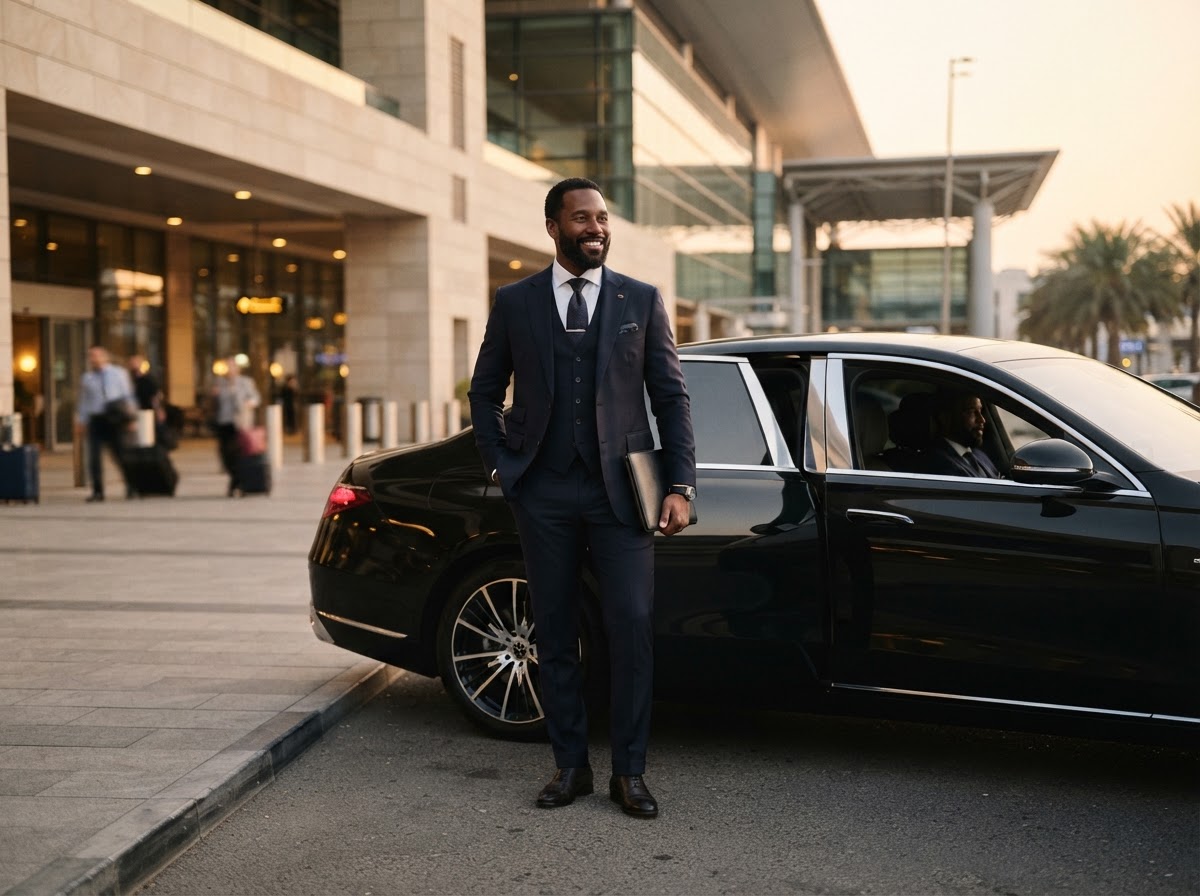 Business traveller beside a luxury sedan