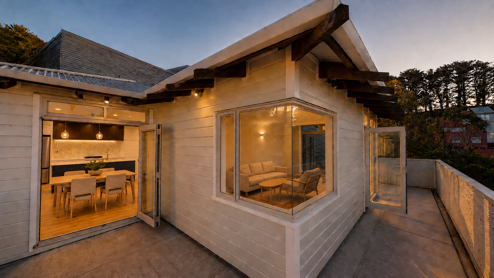 Exterior — Kitchen & Living at Dusk
