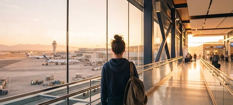 Student looking toward a bright horizon in a sunlit airport terminal