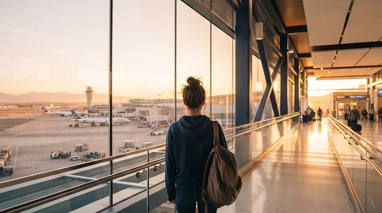 Student looking toward a bright horizon in a sunlit airport terminal
