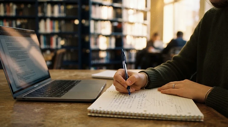 Student taking notes in a sunlit university library