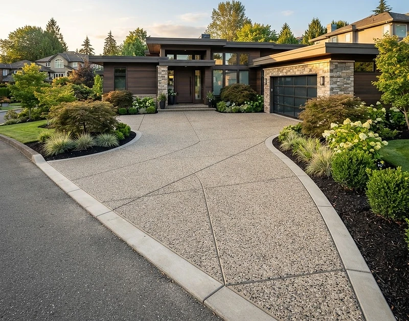 Exposed aggregate concrete driveway leading to a modern home