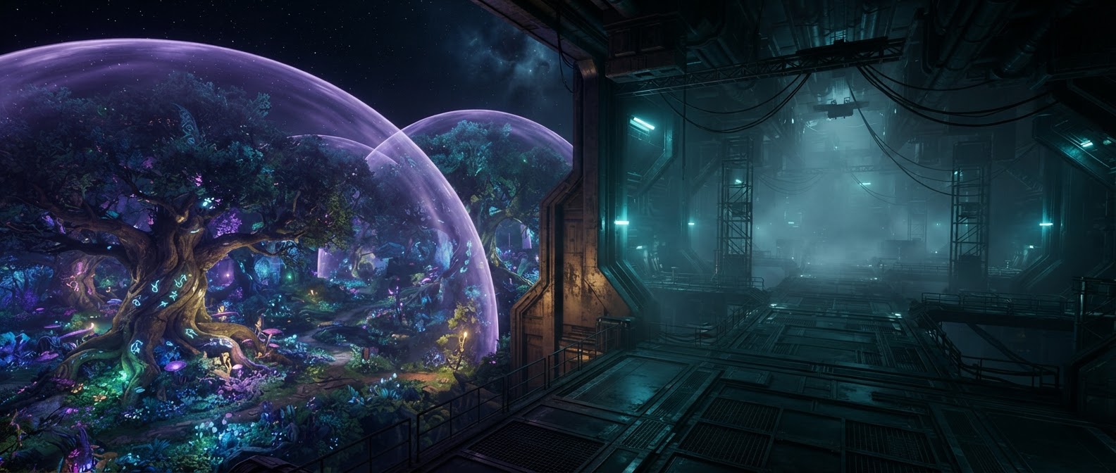 Enchanted forest merging into a metal space station interior