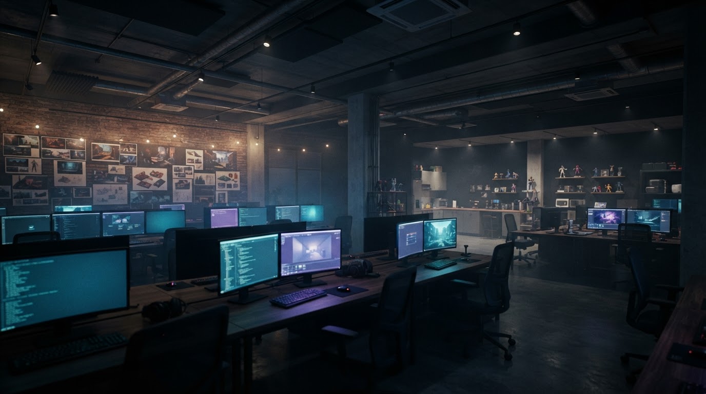 The Accelerate Game Studio floor at night