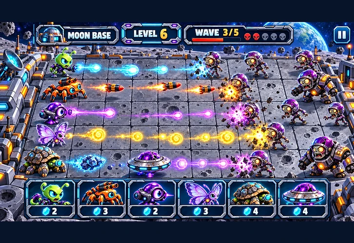 Moon battle screen with defenders on the left of a six-by-six grid and zombies advancing from the right