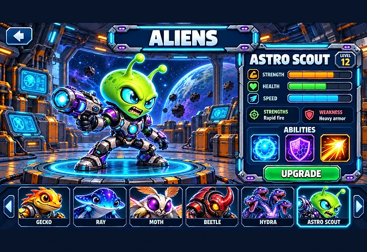 Alien collection screen showing an alien with its stats, strengths, weakness and three ability icons