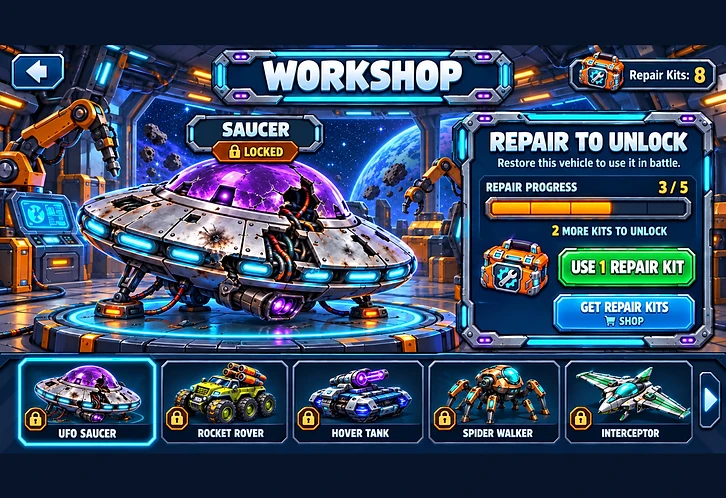 Workshop screen showing a damaged UFO saucer with its repair progress and repair kit counter