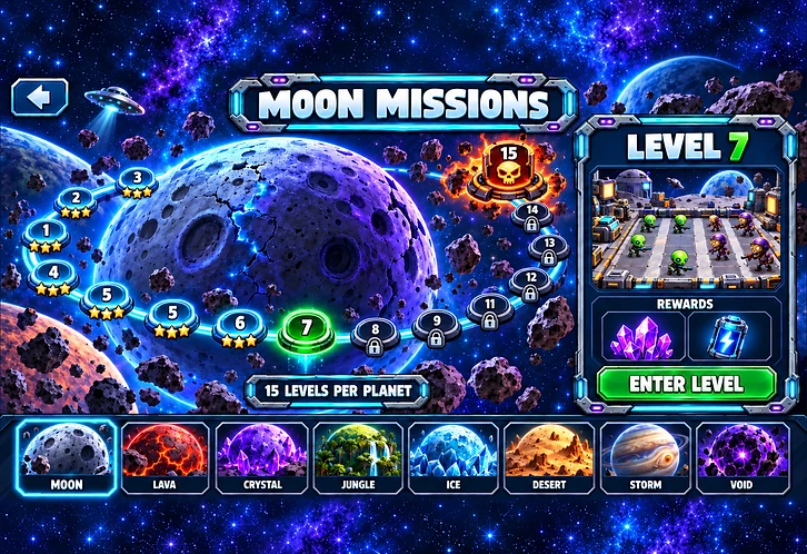 Moon Missions level map with fifteen numbered level nodes and the eight planet selector at the bottom