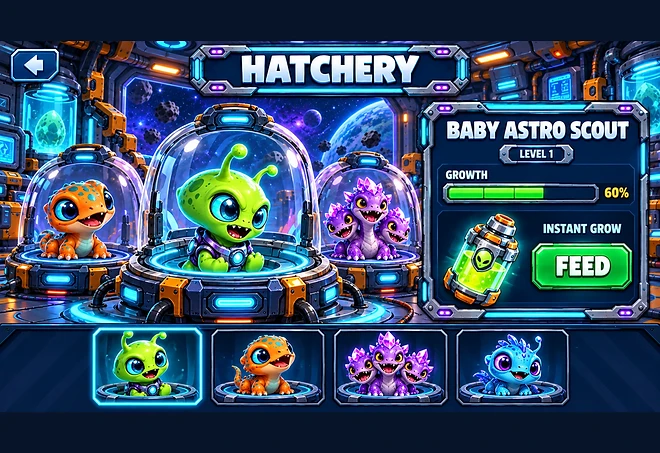 Hatchery screen with a selected baby alien, its growth bar and the Instant Grow feed button