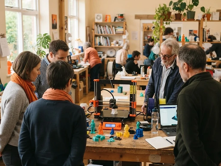 A group learning around a 3D printer in a community centre