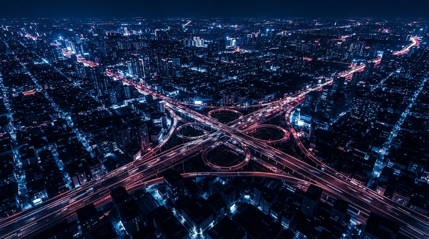 Vista aérea nocturna de una ciudad con estelas de luz interrumpidas
