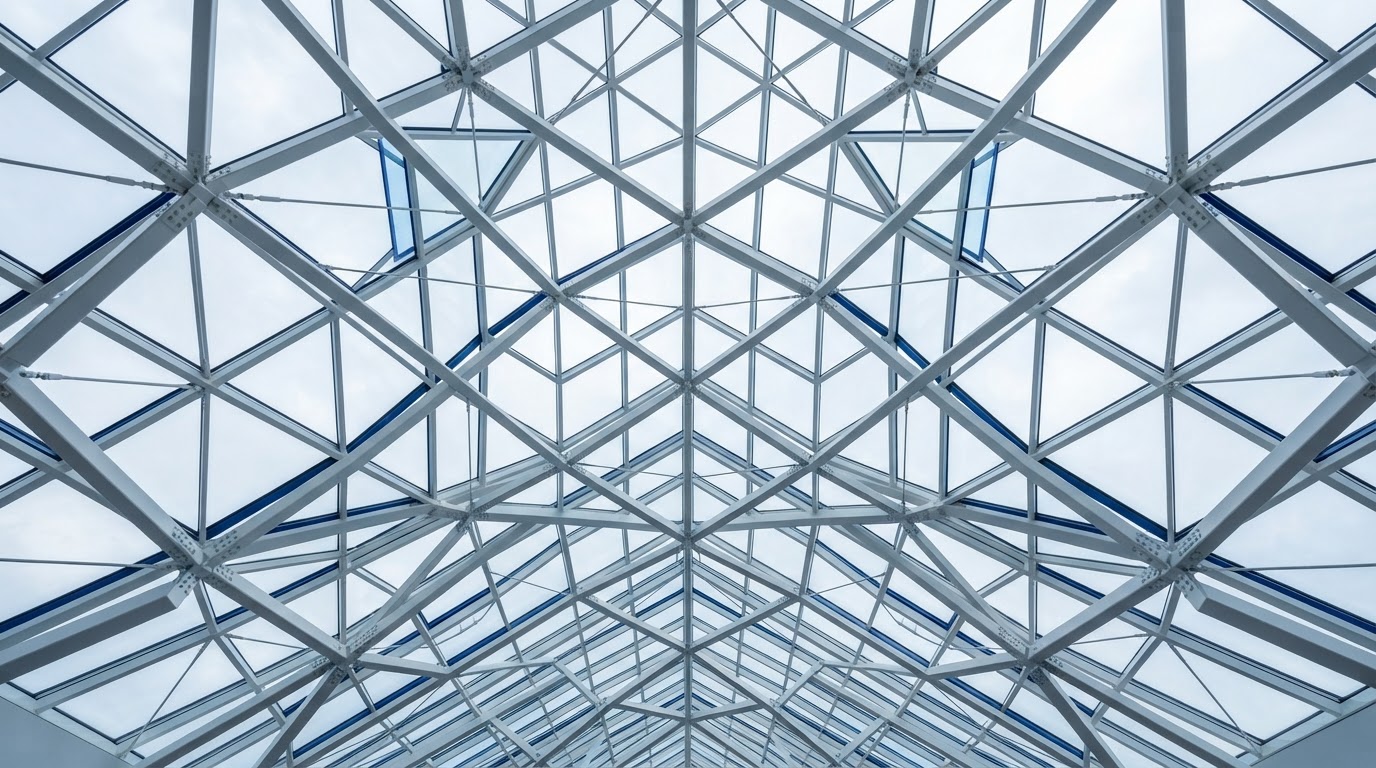 Techo de cristal estructural con vigas de acero