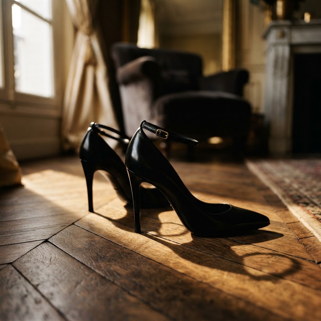 Détail de chaussures à talons noirs posées sur un tapis chic