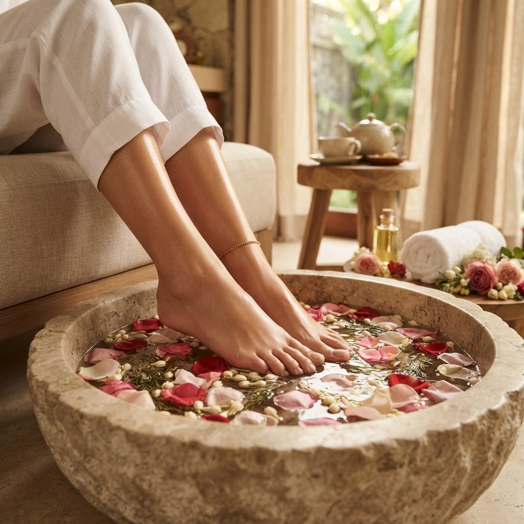 Pieds féminins soignés lors d'un rituel de beauté luxueux avec des huiles essentielles
