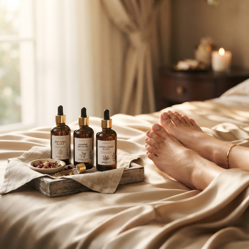 Huiles de massage de luxe près de pieds féminins entretenus