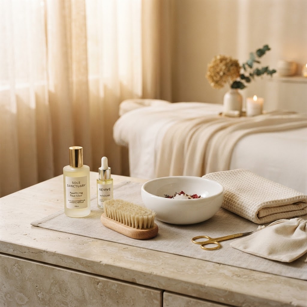 Rituel de soin des pieds avec produits de beauté esthétiques.