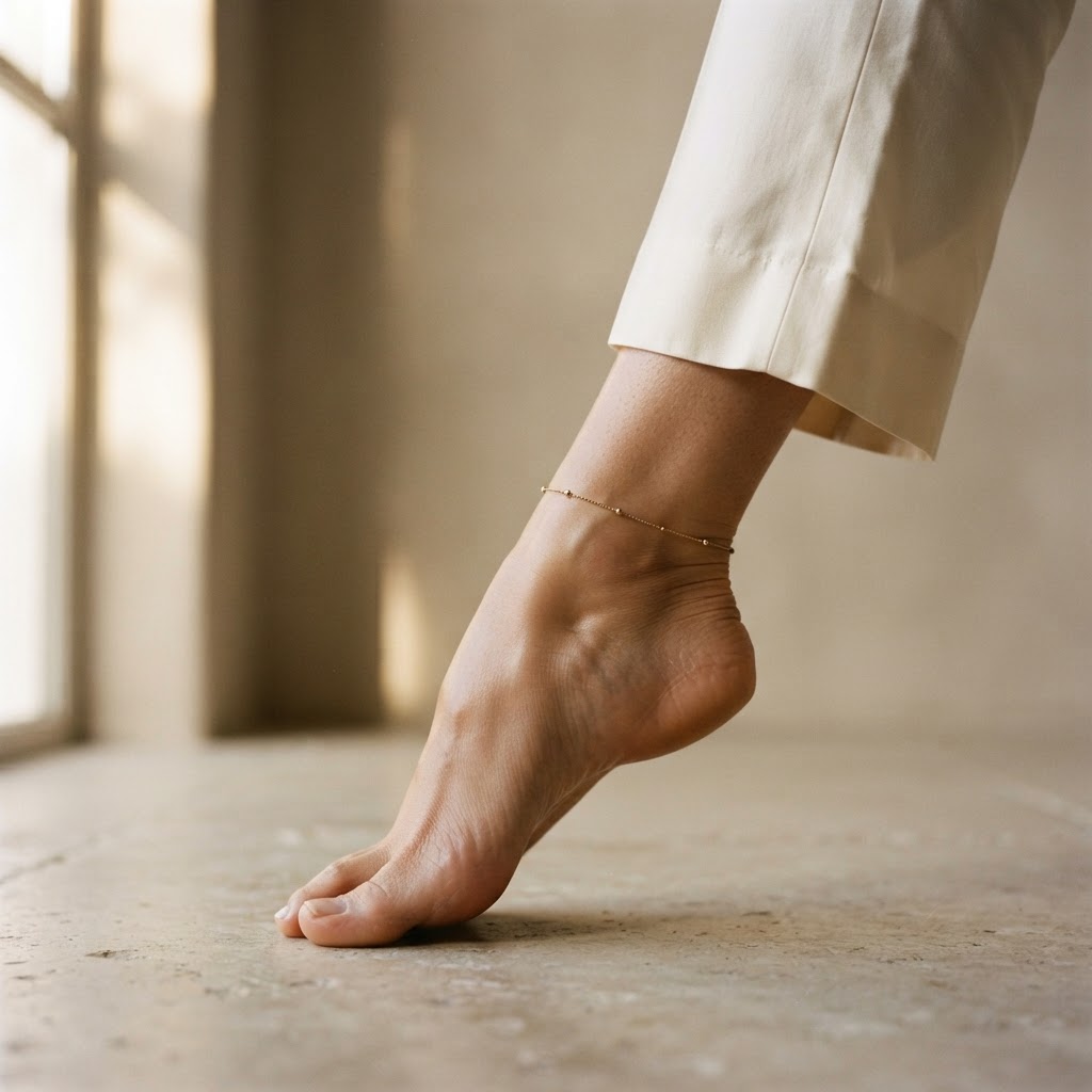 Vue latérale d'un pied féminin en appui, mettant en valeur la cambrure prononcée de la voûte plantaire.