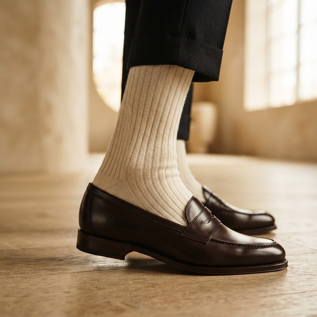 Détail de chaussettes hautes portées avec des chaussures de ville, mettant en valeur la cambrure du pied.