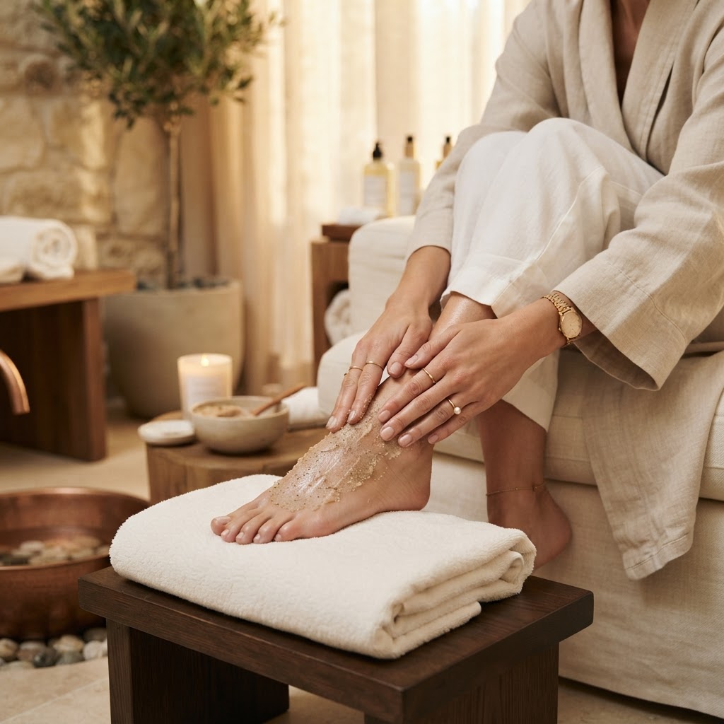 Woman massaging her feet with an exfoliating treatment, cozy atmosphere.