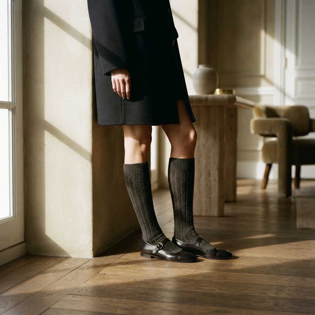 Contemporary fashion, colorful knee-high socks on feminine feet