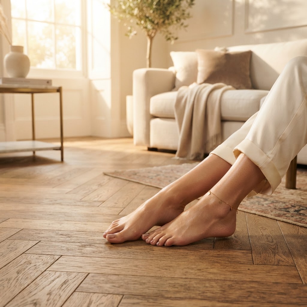 Pieds brillants posés sur un sol en bois luxueux