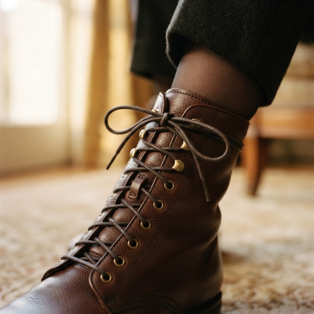 Détail macro de lacets de bottines en cuir serrés sur un pied féminin