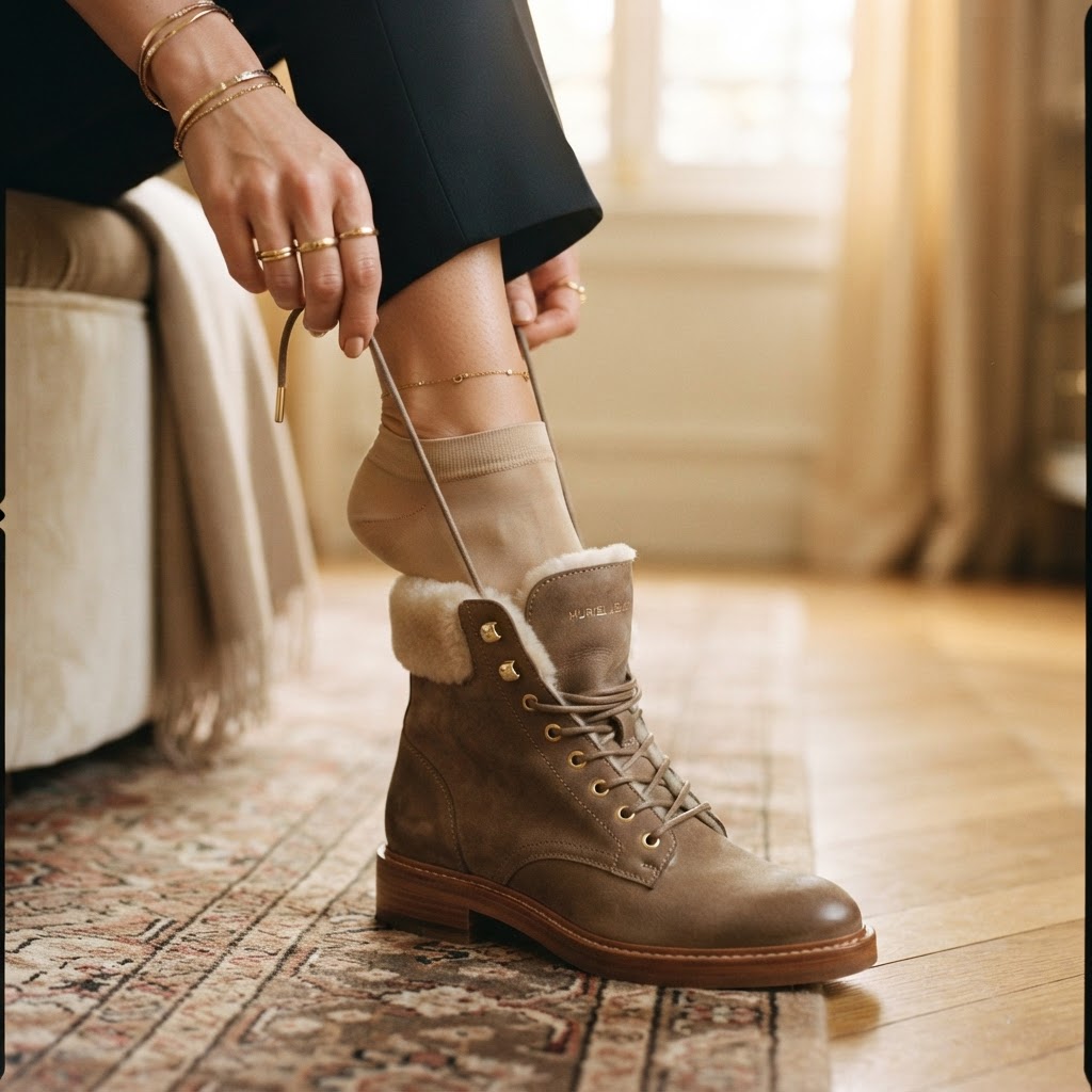 Pieds soignés dans des bottines à lacets, ambiance de soin