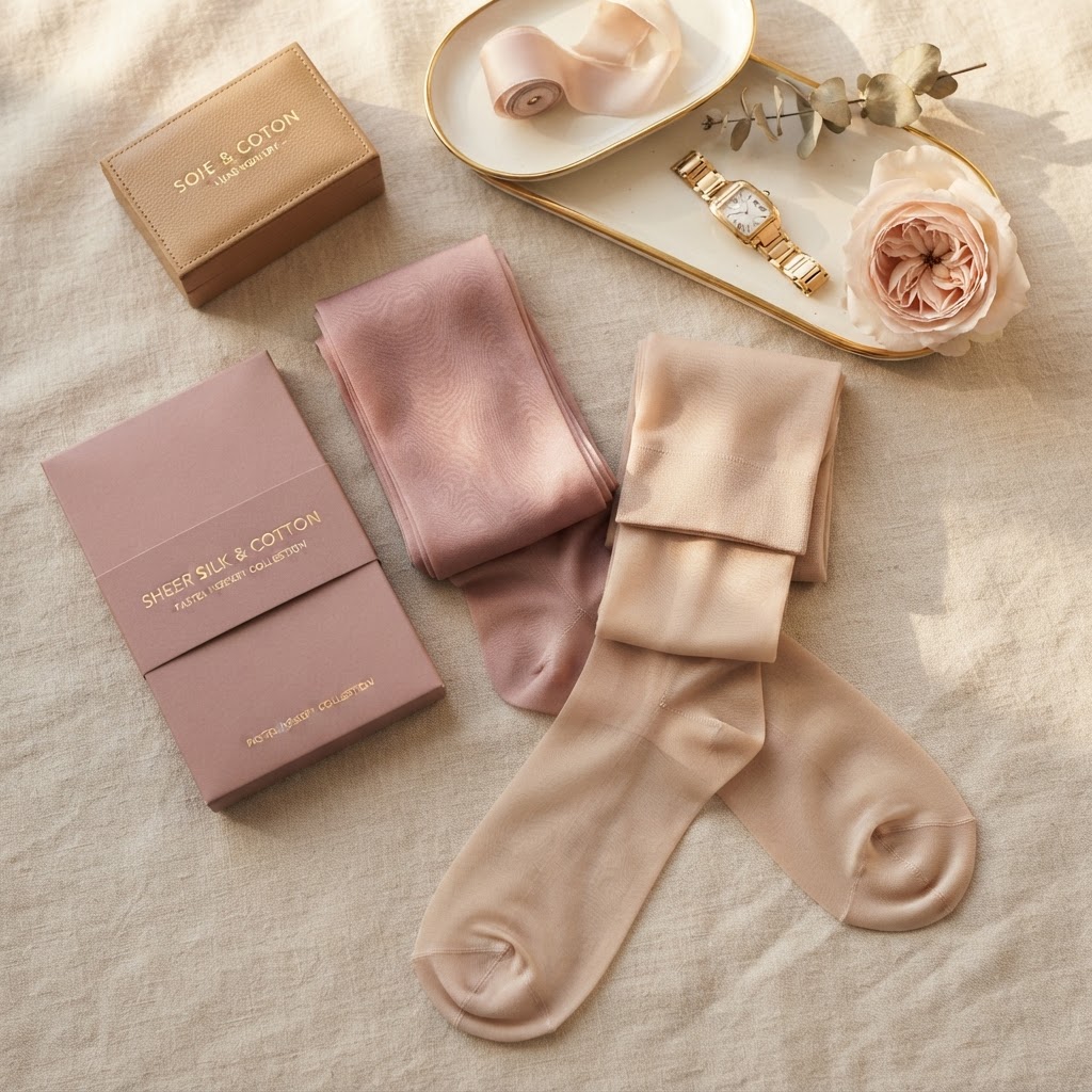 Mise en scène artistique de plusieurs modèles de chaussettes en soie