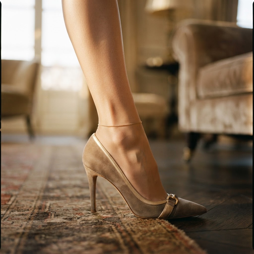 Pied chaussé en soie fine dans un escarpin de luxe