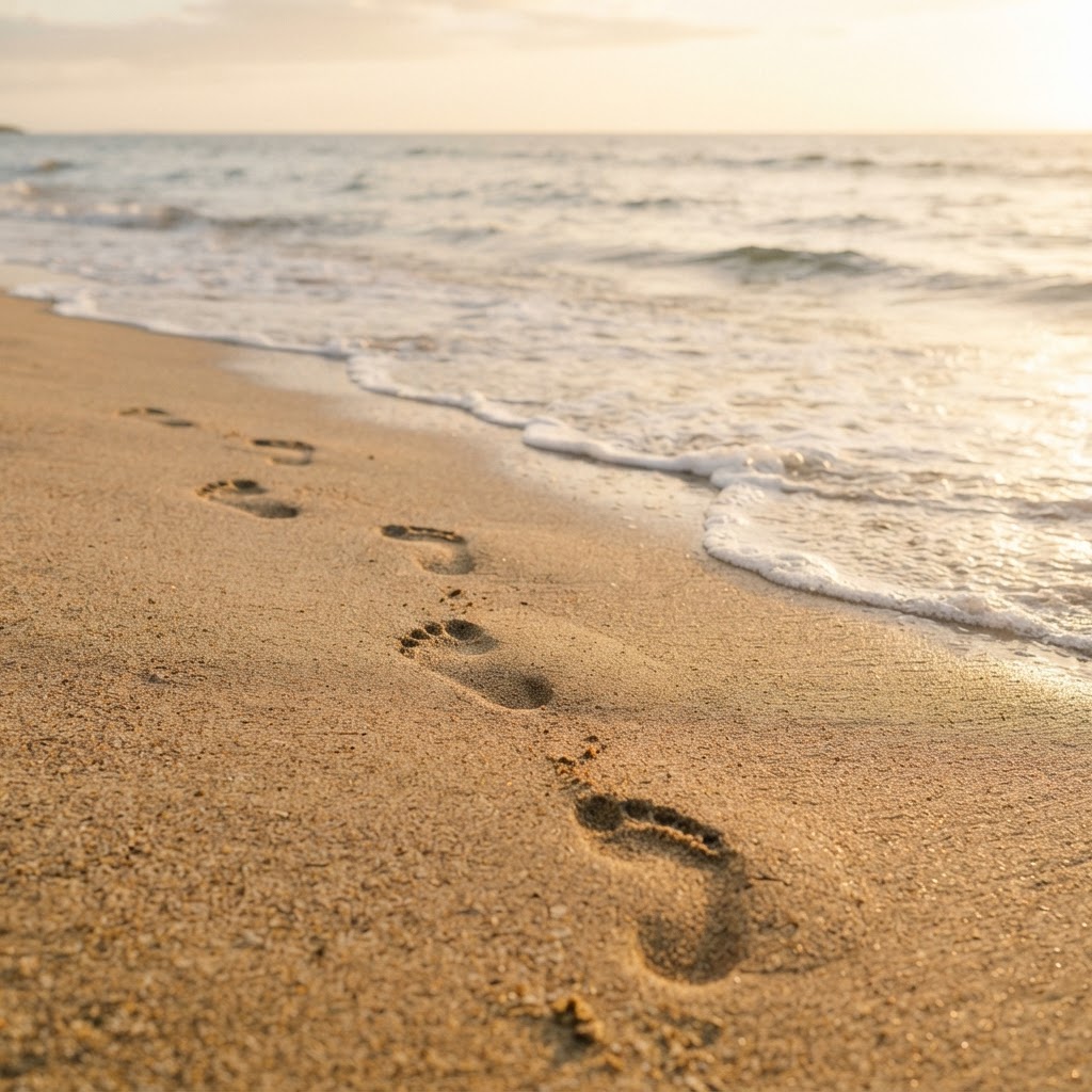 Empreintes de pieds nus dans le sable humide au bord de l'eau