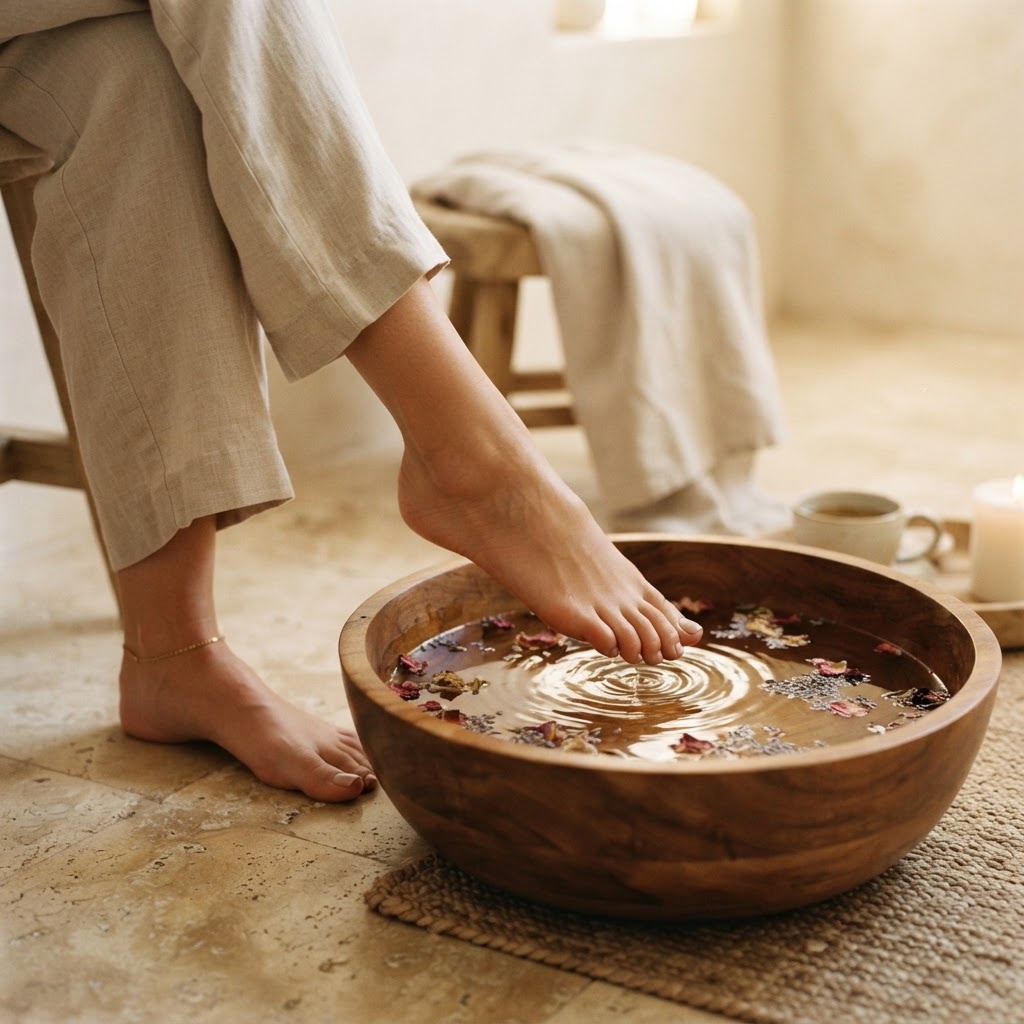 Femme préparant un bain de pieds aromatique