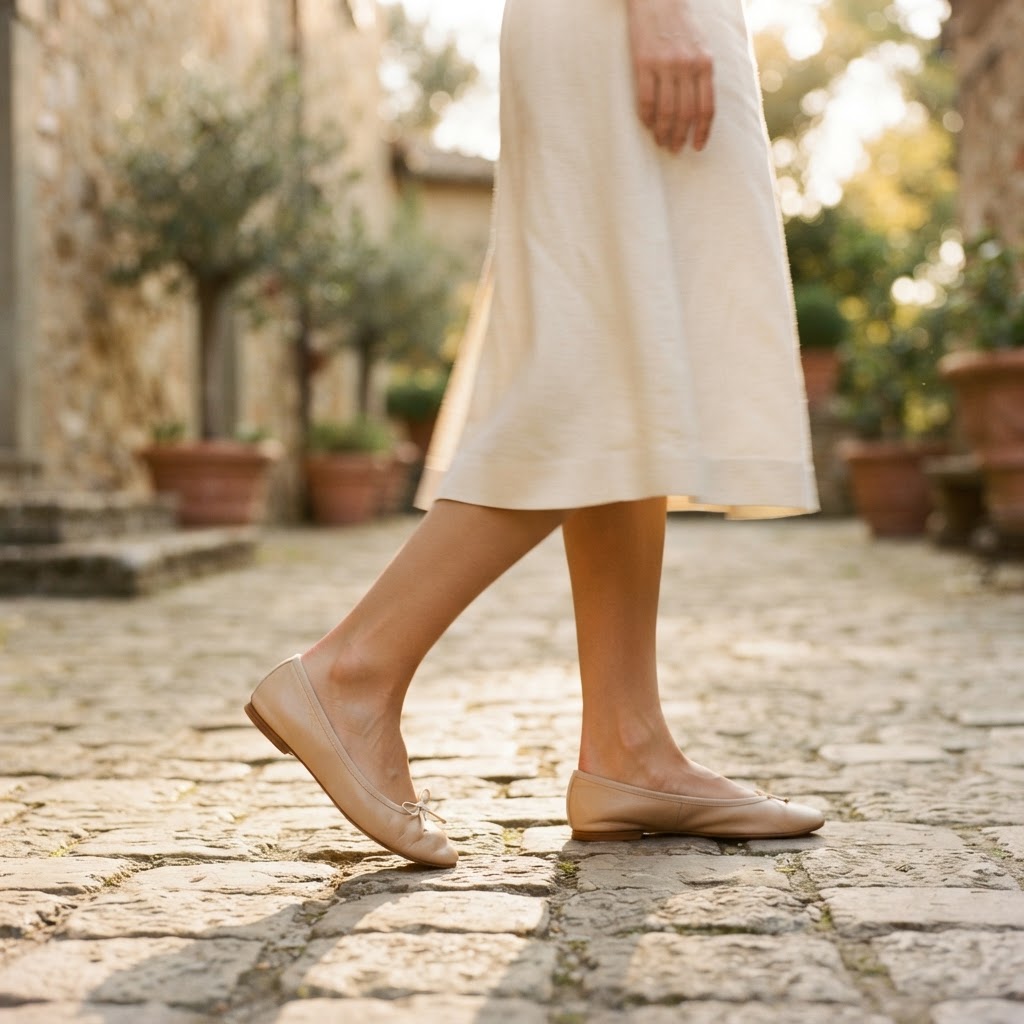 Silhouette de femme marchant avec grâce dans des ballerines, focus sur le mouvement du pied.