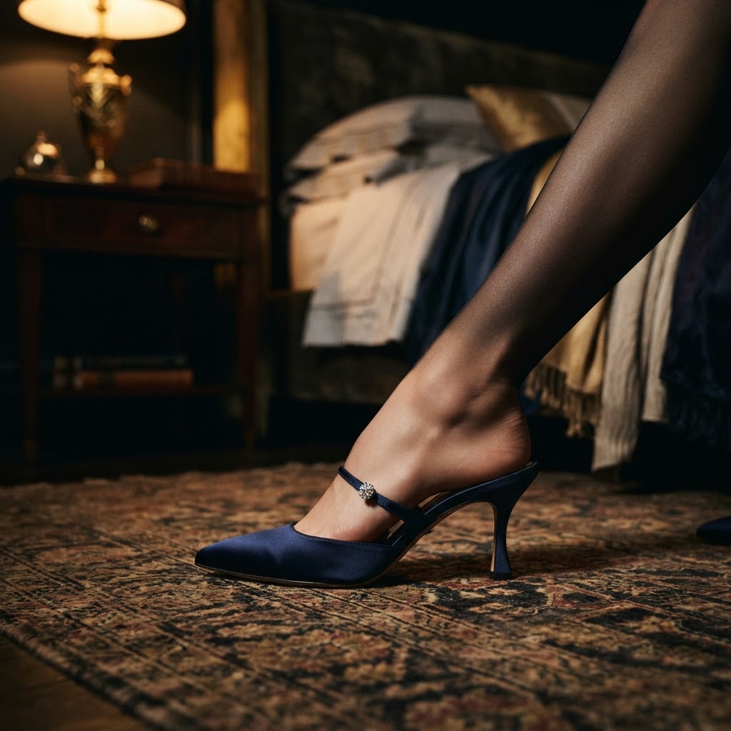 Gros plan sur une cambrure délicate chaussée de mules en soie bleue nuit