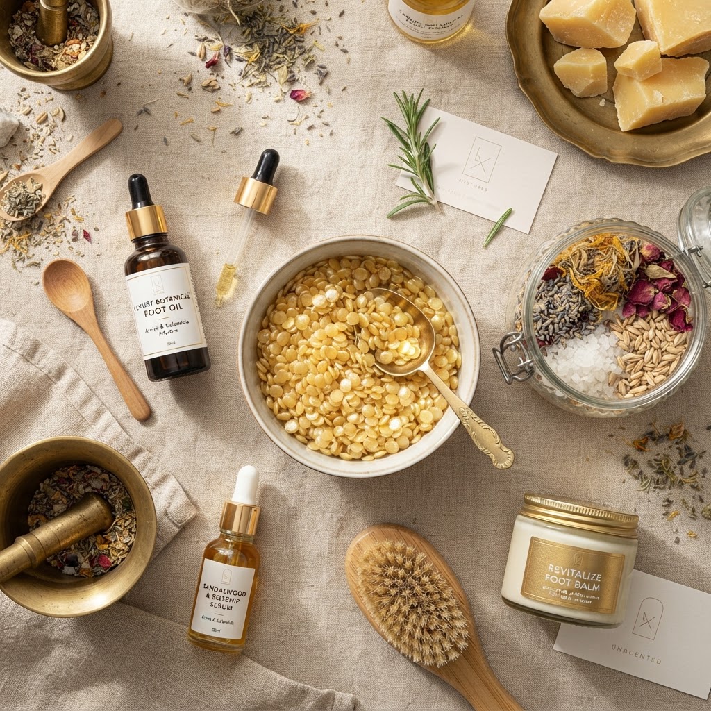 Ingrédients naturels pour soins des pieds, cires et huiles essentielles