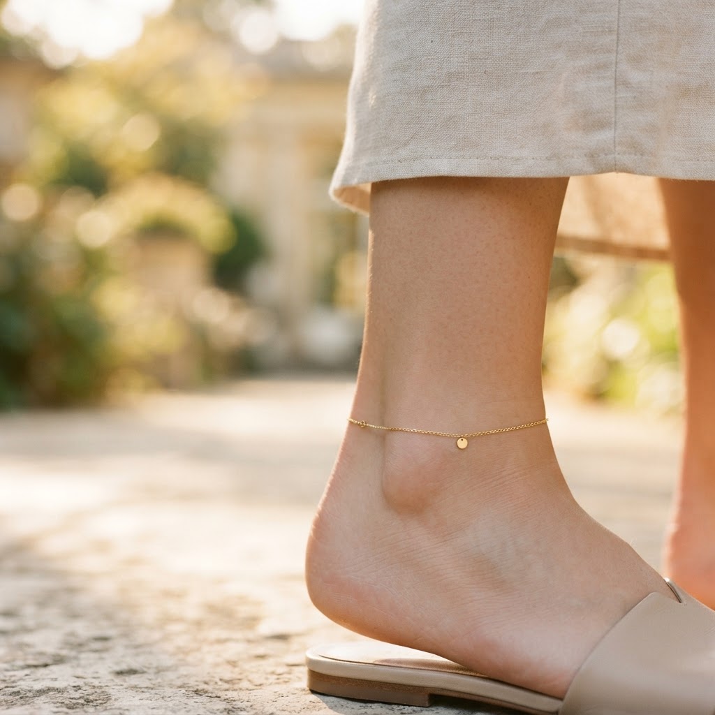 Bracelet de cheville en or fin sur une peau douce