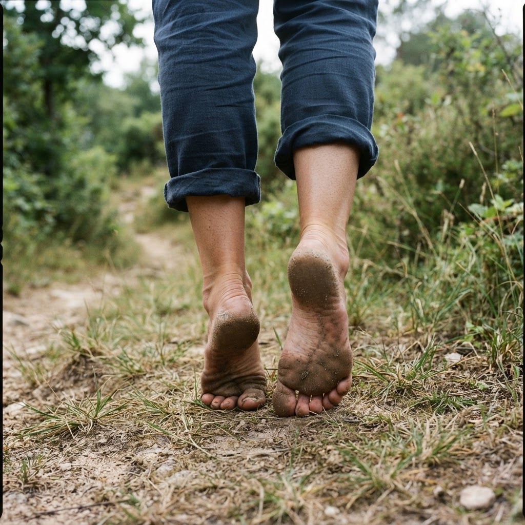 Pieds nus aux plantes poussiéreuses et sableuses après une marche en nature
