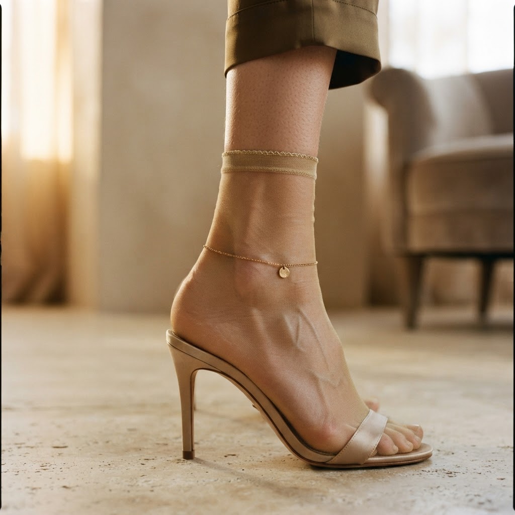 Gros plan sur une cheville élégante portant une chaussette fine et transparente