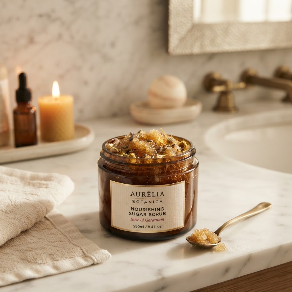 Luxurious foot scrub with natural grains in a hand, soft light.