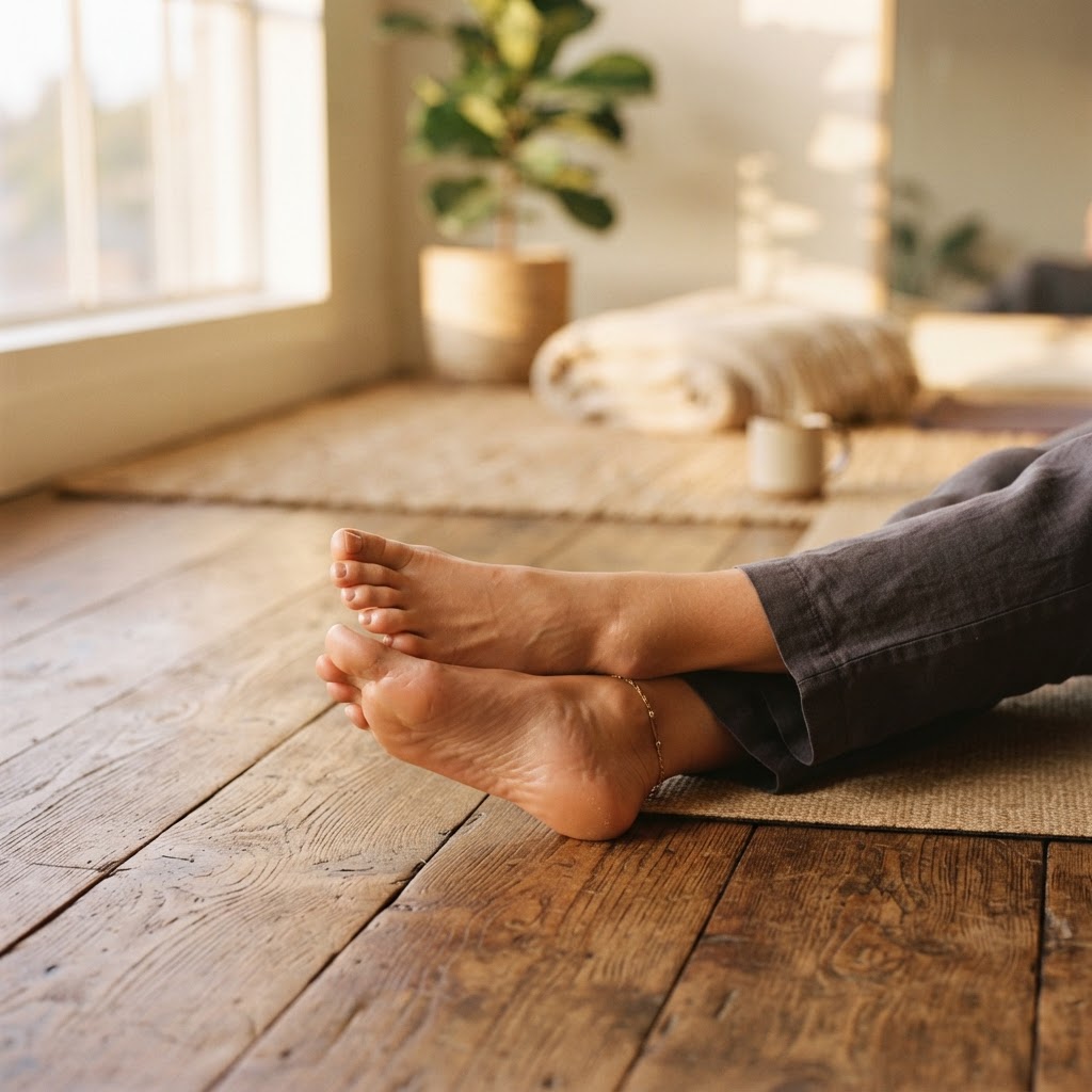 Pieds nus après une séance de yoga, peau hydratée et naturelle.